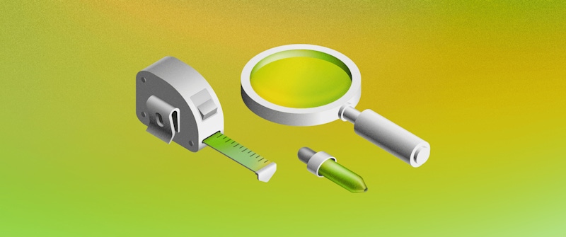 A 3D illustration showing a magnifying glass, a measuring tape and a eye-dropper tool on a green background