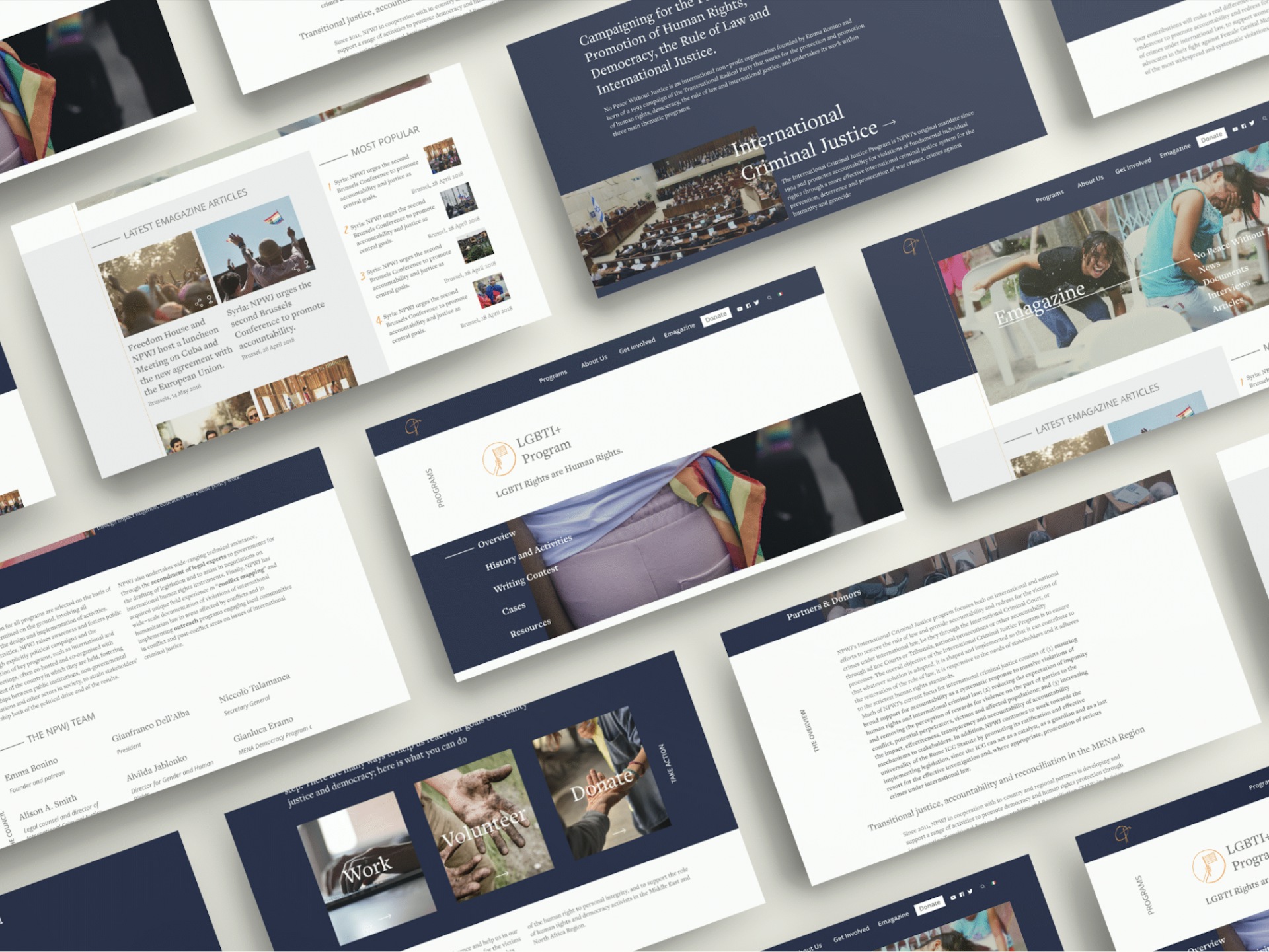 An image showing Giulia Virtus Azzonis personal project of a website redesign for No Peace Without Justice — a non-profit organization.