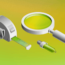 A 3D illustration showing a magnifying glass, a measuring tape and a eye-dropper tool on a green background