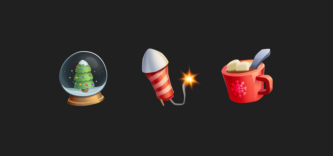 Three Christmas-themed illustrated icons — a tree with lights inside a snow globe, a firework, and a mug of cocoa with two floating marshmallows
